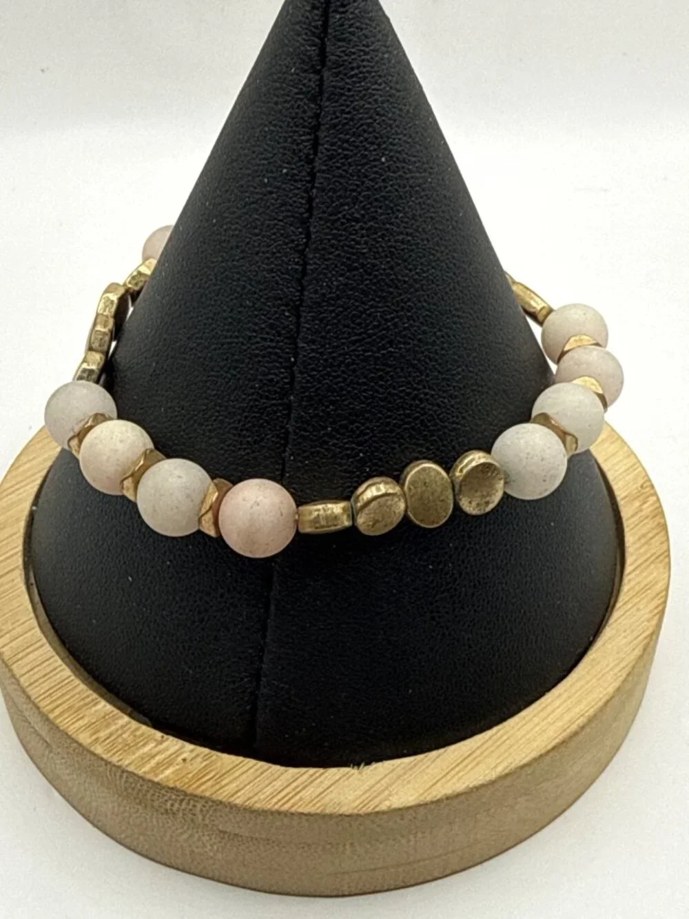Boho Pale Beaded Stretch Bracelet Worn Antiqued Gold Geometric Spacers